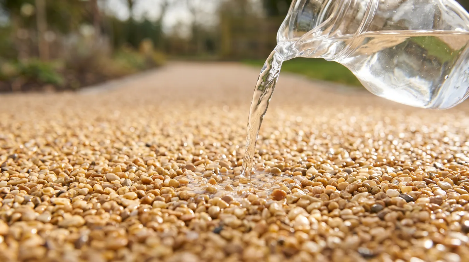 Water draining through a permeable resin bound surface