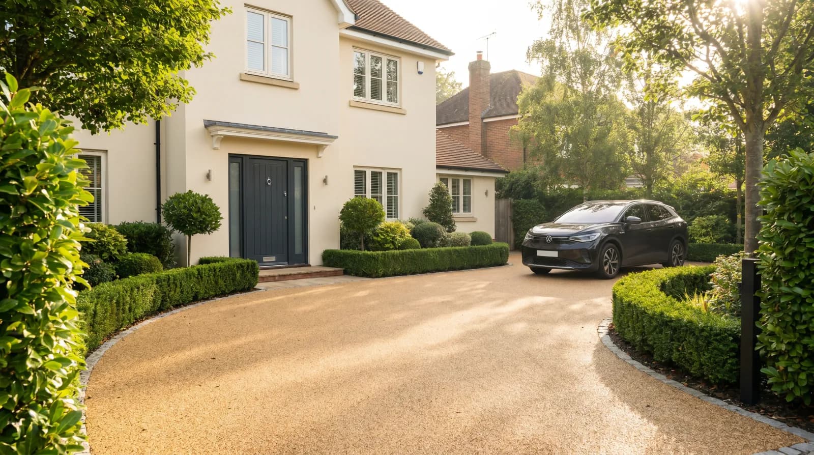 A golden resin bound driveway curving up to a modern UK home